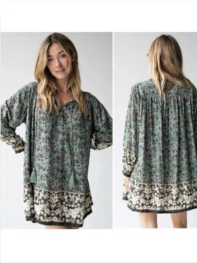 NATURAL LIFE Dara Tunic Mini Dress M Sage Floral Long Sleeve Cottagecore Boho